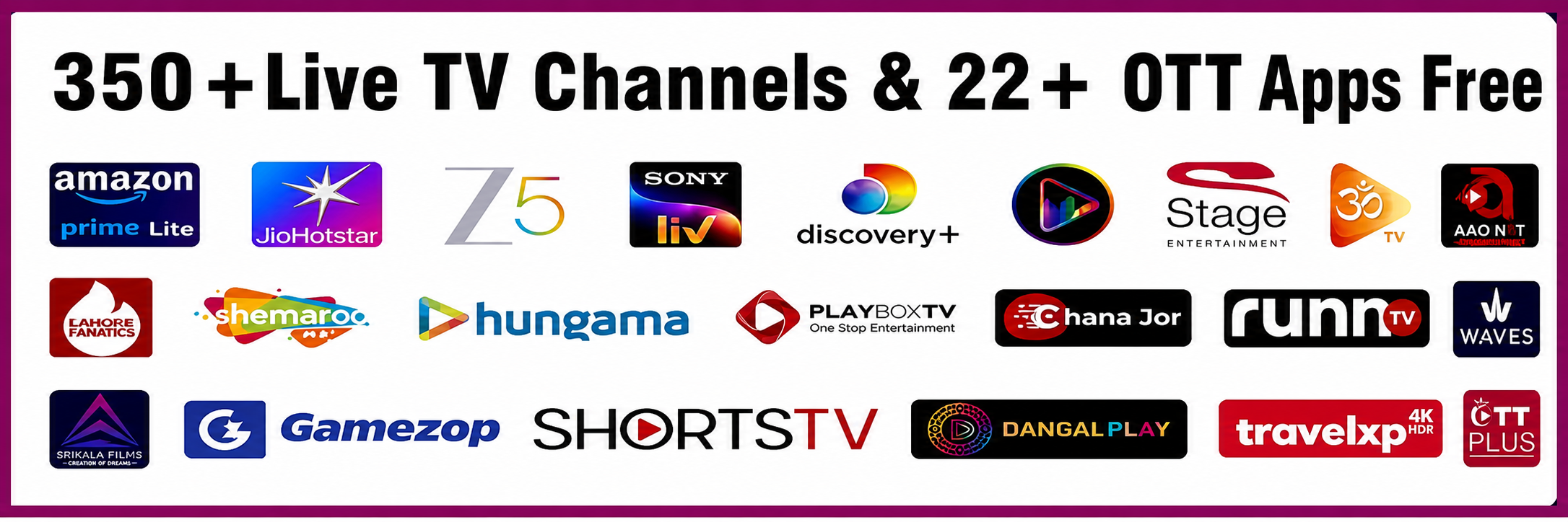 350 plus live TV channels and 22 plus OTT apps free, including Amazon Prime Lite, JioHotstar, ZEE5, Sony LIV, Discovery Plus and more